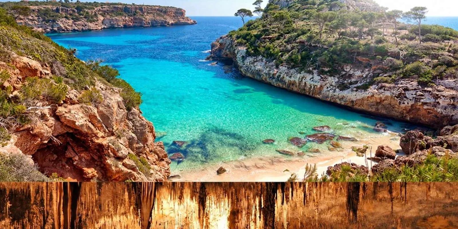 Caló des Moro hidden cove with turquoise water and dramatic limestone cliffs above cave formations — Mallorca