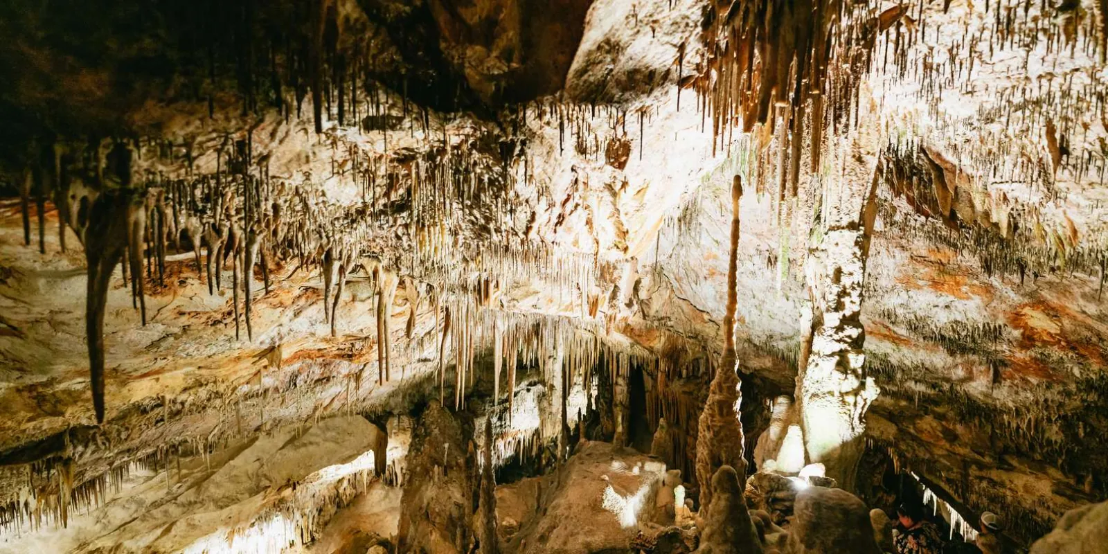 Caves of Drach vast chamber filled with white stalactites and stalagmites under bright spotlights — Mallorca